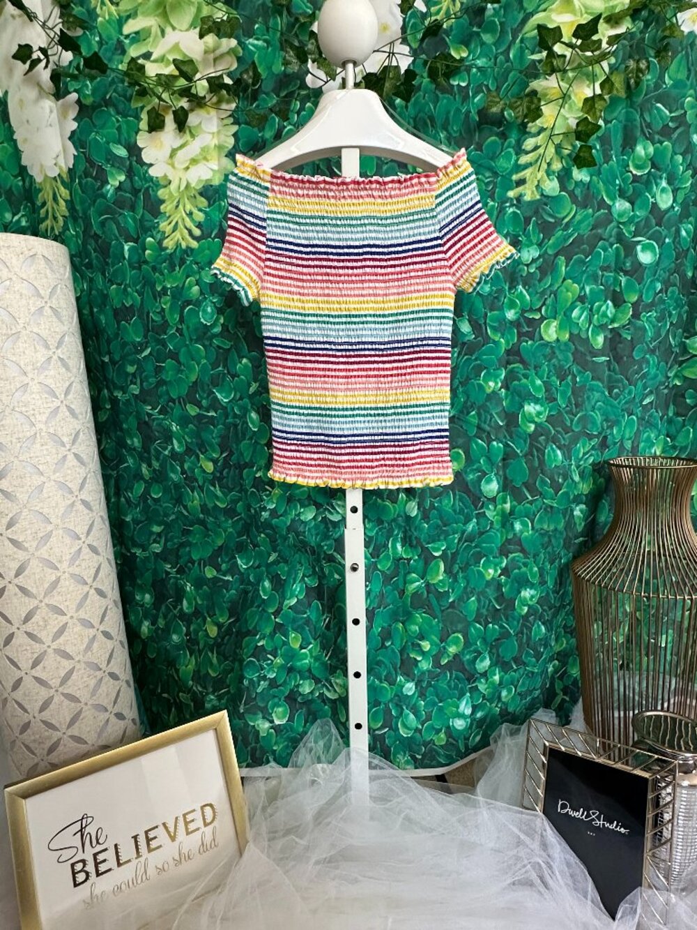 NWOT - Beautees Girls' Rainbow Smocked Off-The-Shoulder Top Sz 7/8
